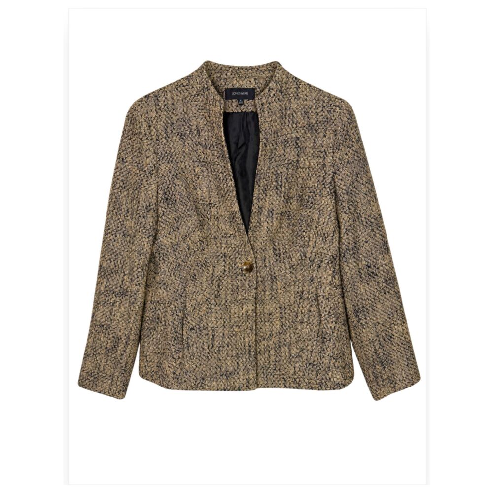 Jones Wear Womens 6 Classic Tweed Tan Black Collarless One Button Blazer Jacket